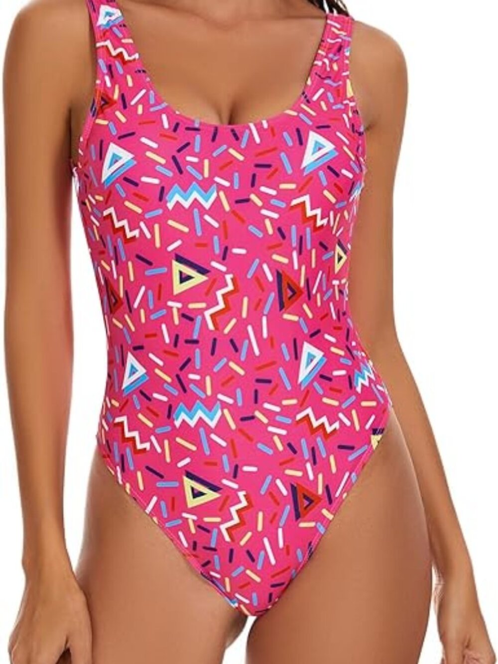 Women's Retro 80s/90s Inspired High Cut Low Back  Geometric Lines Rose XL